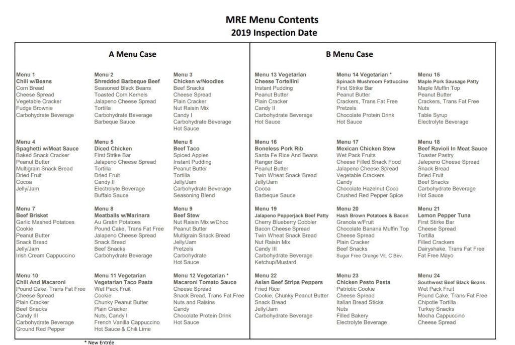 MRE Menus Western Frontier